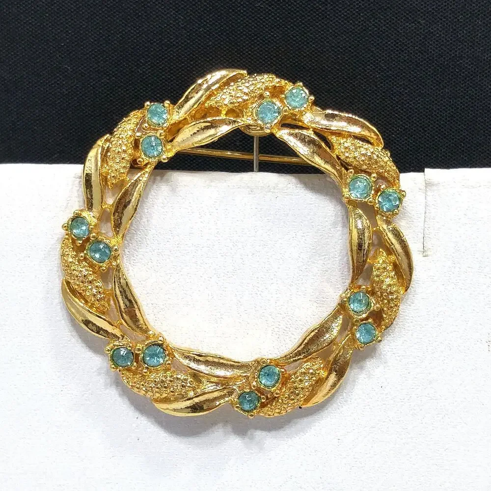 Vintage Wreath Brooch, Signed Gerry's, Light Blue Rhinestones, 1960s Jewelry